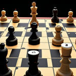 **Chess game with probability calculations:** A chessboard with pieces mid-game, overlaid with mathematical formulas illustrating probability calculations. Perhaps showing percentage chances of different moves leading to checkmate. Focus on the analytical aspect.