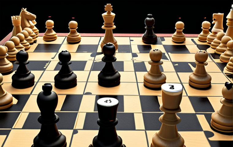 **Chess game with probability calculations:** A chessboard with pieces mid-game, overlaid with mathematical formulas illustrating probability calculations. Perhaps showing percentage chances of different moves leading to checkmate. Focus on the analytical aspect.